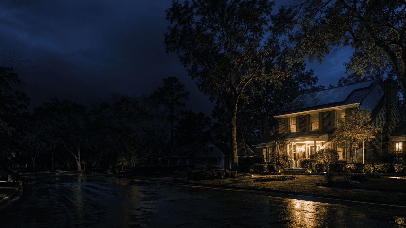 A Columbia home lit at night during a neighborhood outage