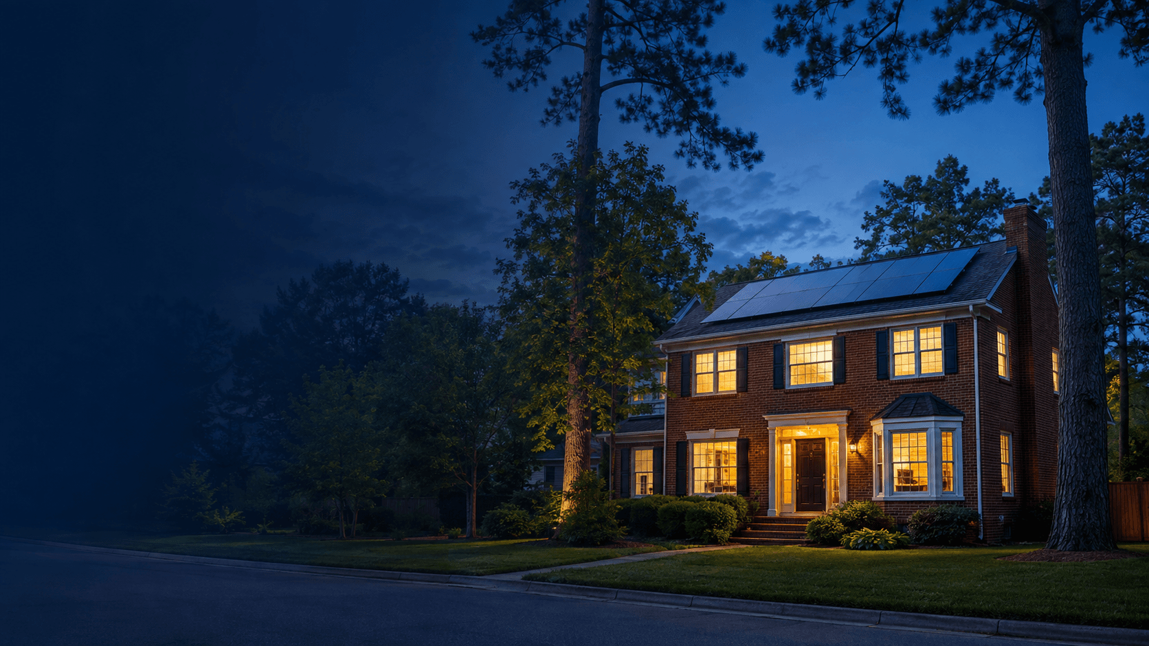 A Columbia, South Carolina home at dusk with warm lit windows and rooftop solar
