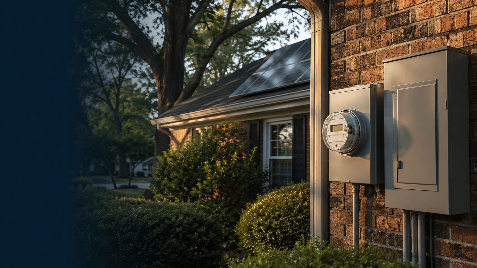 A utility meter on a brick home with rooftop solar