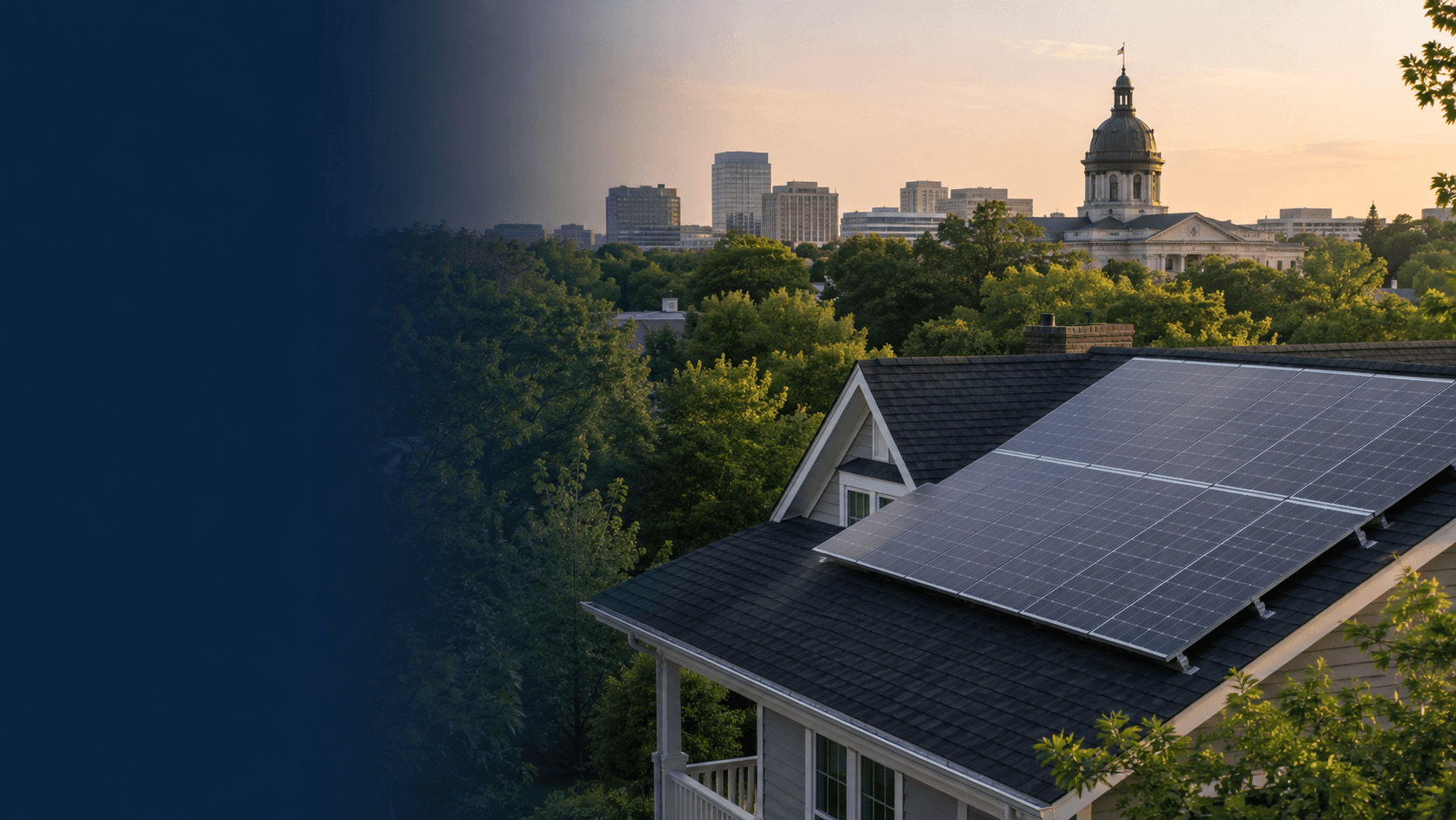 The Columbia skyline at golden hour with a solar-equipped home