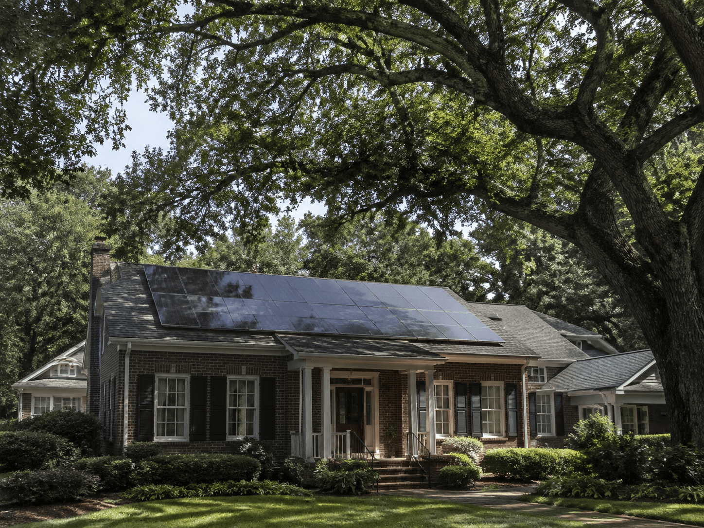 A Midlands rooftop framed by mature oak trees